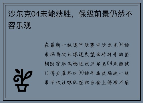 沙尔克04未能获胜，保级前景仍然不容乐观